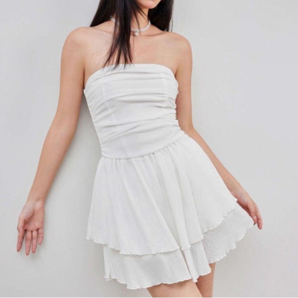 Cider French Riviera Vacation White Strapless Dress tiered smocked gauze small